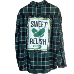 Reworked Sweet Relish FLANNEL w/ distressed DENIM Jean tee shirt patch Green XL